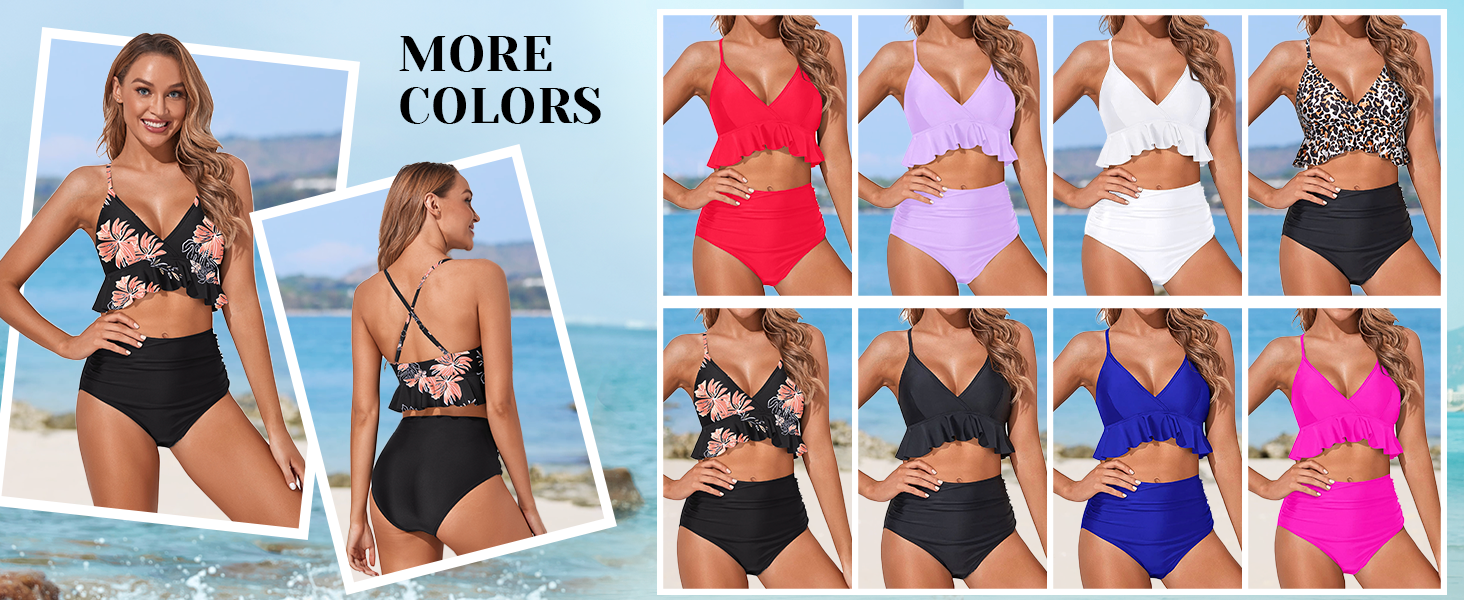 Women Two Piece Swimsuits High Waisted Bikini Set Ruffle Flounce Tummy Control Bottoms Bathing Suit - Seldom Seen Styles