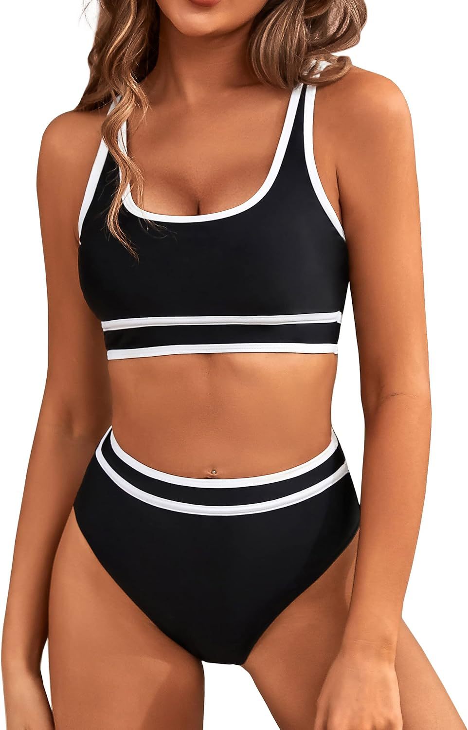 Women's High Waisted Bikini Sets Sporty Two Piece Swimsuits Color Block Cheeky High Cut Bathing Suits - Seldom Seen Styles