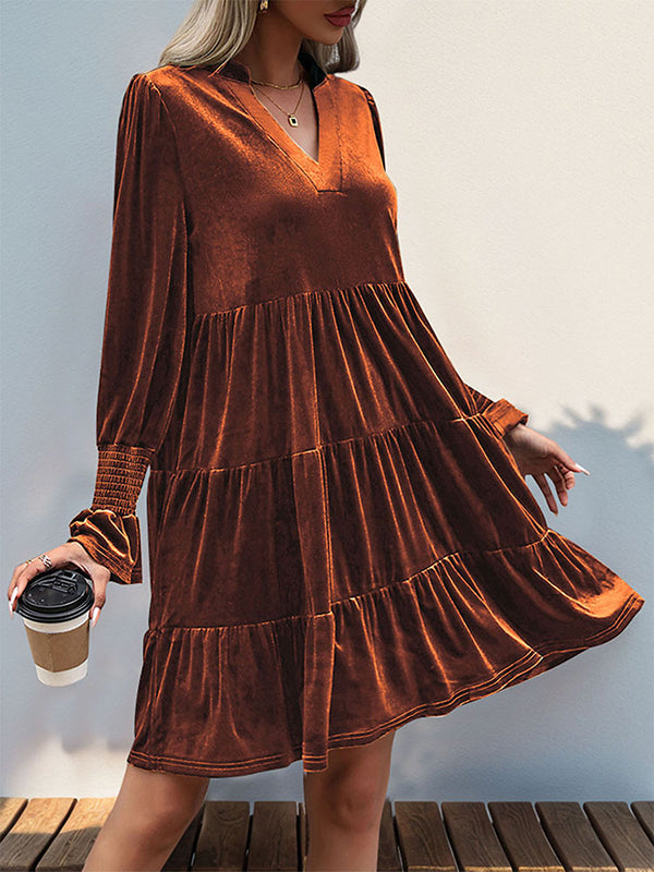 A-Line Long Sleeves Pleated Solid Color Velvet V-Neck Mini Dresses - Seldom Seen Styles