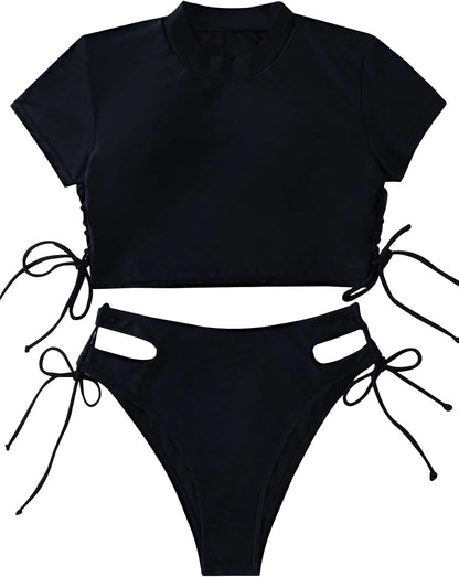 Drawstring Bikini Set Srting Swimsuit Short Sleeve Top and Tie Side Bottom 2 Piece - Seldom Seen Styles