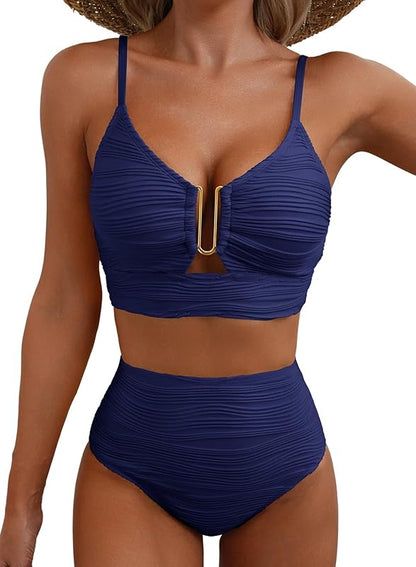 2 Piece Bikini Set V Neck Cutout Swimsuit High Waisted Textured Ruched 2025 Summer Beach Swim Bathing Suits - Seldom Seen Styles