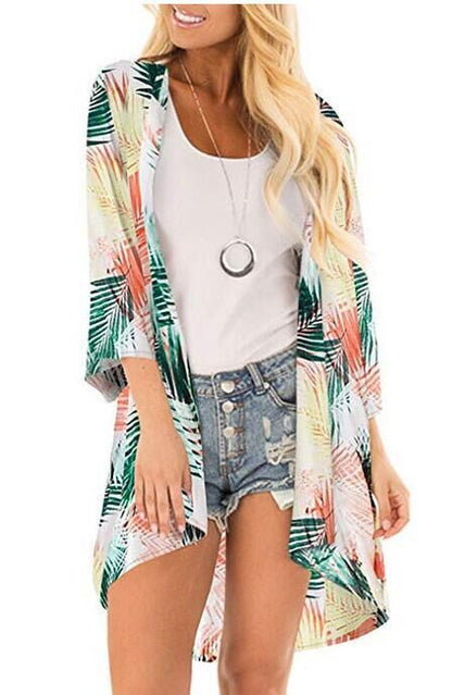 Women's Beach Cover up Swimsuit Kimono with Bohemian Floral Print, Loose Casual Resort Wear