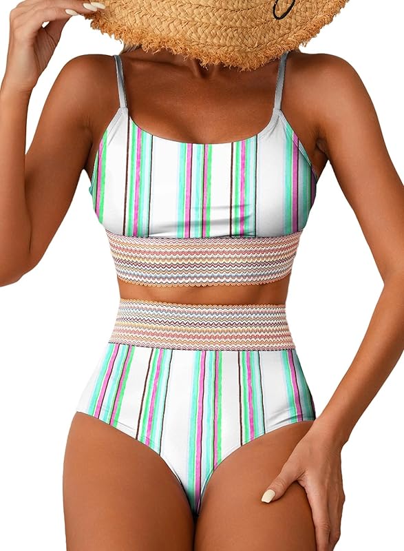 Women's Bikini Sets Colorblock Trim 2 Piece High Waisted Swimsuit Scoop Neck Adjustable Spaghetti Straps Bathing Suit - Seldom Seen Styles