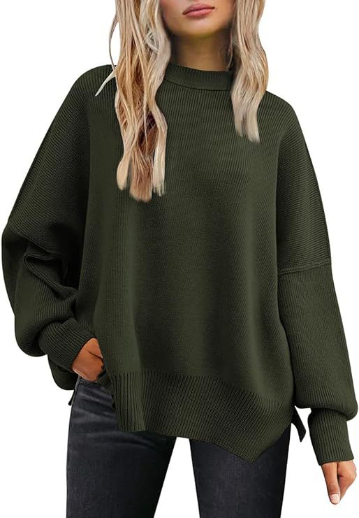 Women's Oversized Batwing Sweaters 2024 Fall Outfits Crewneck Ribbed Knit Side Slit Trendy Pullover Tops