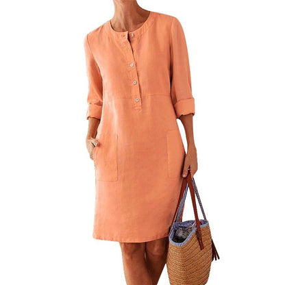 Spring New Popular plus Size Women's Clothing Cotton and Linen round-Neck Long-Sleeved Dress