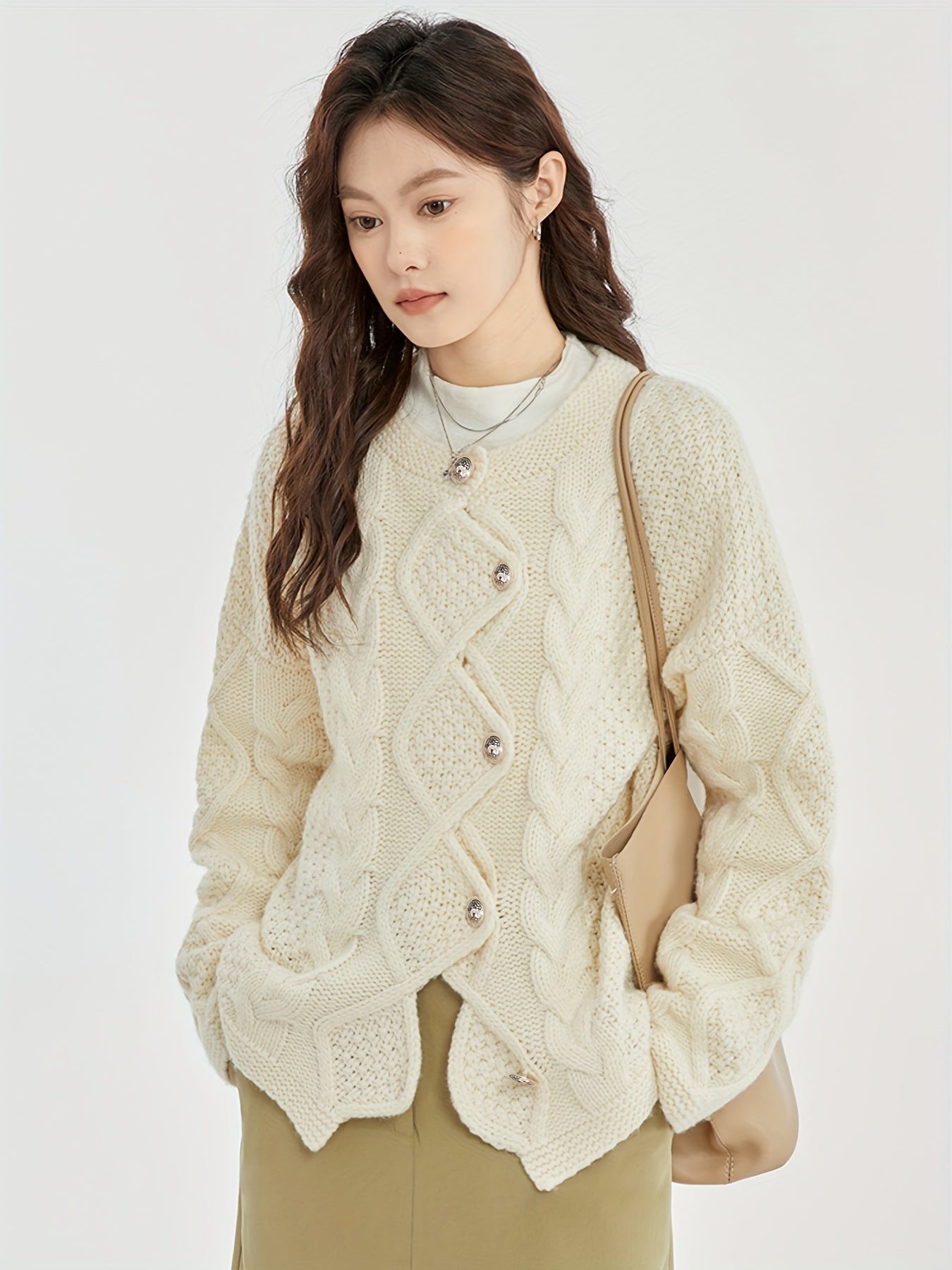 Cable Knit Button Front Cardigan, Stylish Scallop Trim Long Sleeve Crew Neck Drop Shoulder Cardigan For Fall & Winter, Women's Clothing