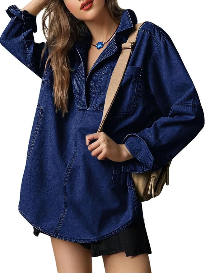 Womenswear Denim Pullover Casual Comfort Button V Neck Blouse Loose Fit Tops Longsleeves Jean Jacket With Pocket - Seldom Seen Styles