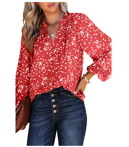 Dokotoo Damen Casual V-Ausschnitt Alicia Blumendruck Gesmokt Langarm Chiffon Blusen Bohemian Top Shirts 