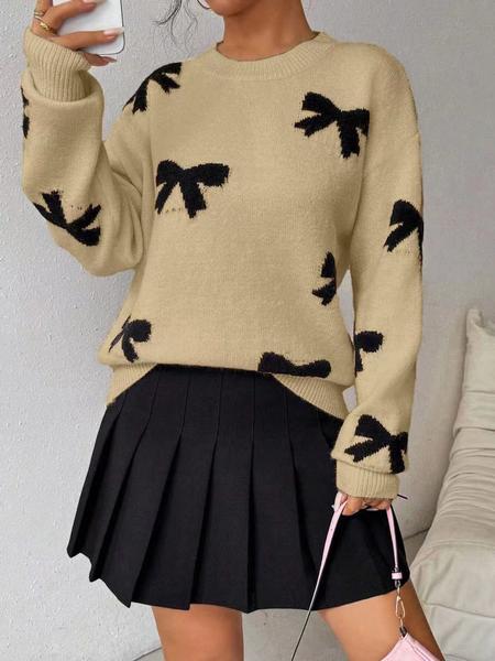 Fashion Bow Print Casual Basic Loose Knitted Sweater Pullover Autumn/Winter Women Pullovers New O-Neck Full Sleeve Knit Sweater, Knitwear - Seldom Seen Styles
