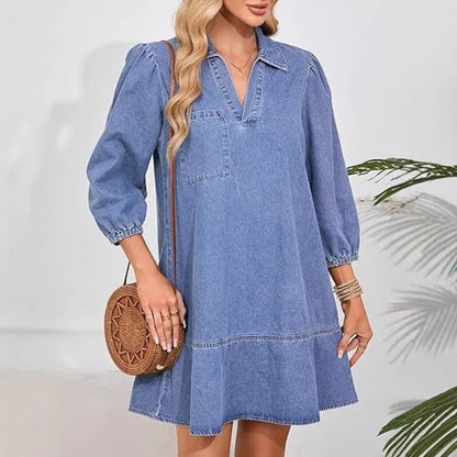 Denim Dress for Women Fashion Fall Casual Babydoll 2025 V Neck 3/4 Puff Sleeve Jean Dresses