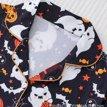 Women's Pocket Lapel Blouse & Elastic Waist Shorts Pyjama Set, Halloween Christmas Button Front Top & Shorts Pj Set, Pyjamas for Women, Feminine Tops, PJ Sets for Women, Loungewear, Nightwear, Pajamas, Womenswear