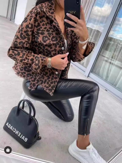 Women's Leopard Print Denim Jacket Long Sleeve Animal Printed Raw Hem Button Down Cropped Jean Coat Outerwear