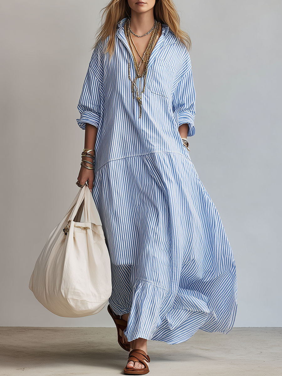 Blue Stripe Relaxed Shirt Maxi Dress - Seldom Seen Styles