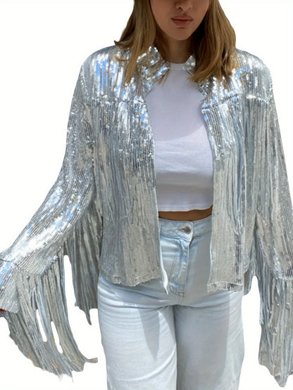 Women's Sequin Party Jacket Shiny Long Sleeve Cardigan Tassel Jacket Suit Nightclub Uniforms