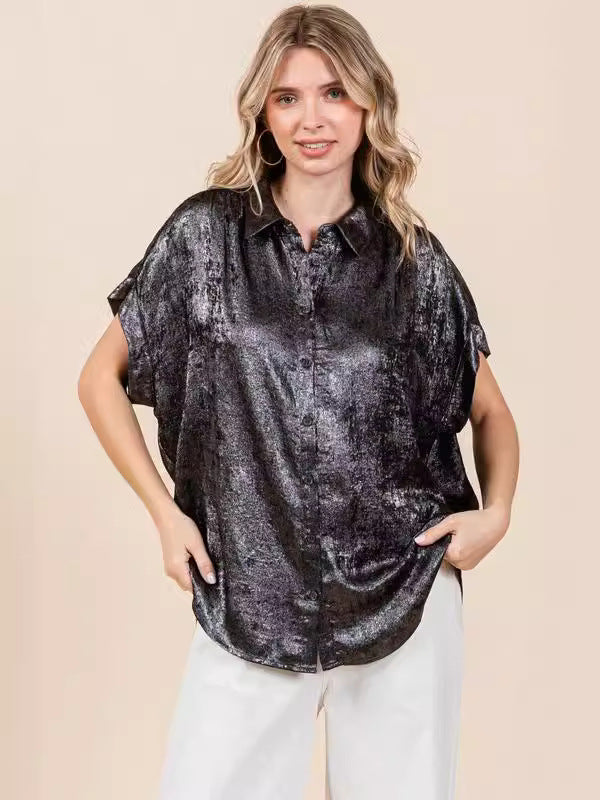 European and American Foreign Trade Women's Clothing Shirt Top ebay Amazon Cross-Border New Bronzing Single-Breasted Short Sleeve Loose Shirt