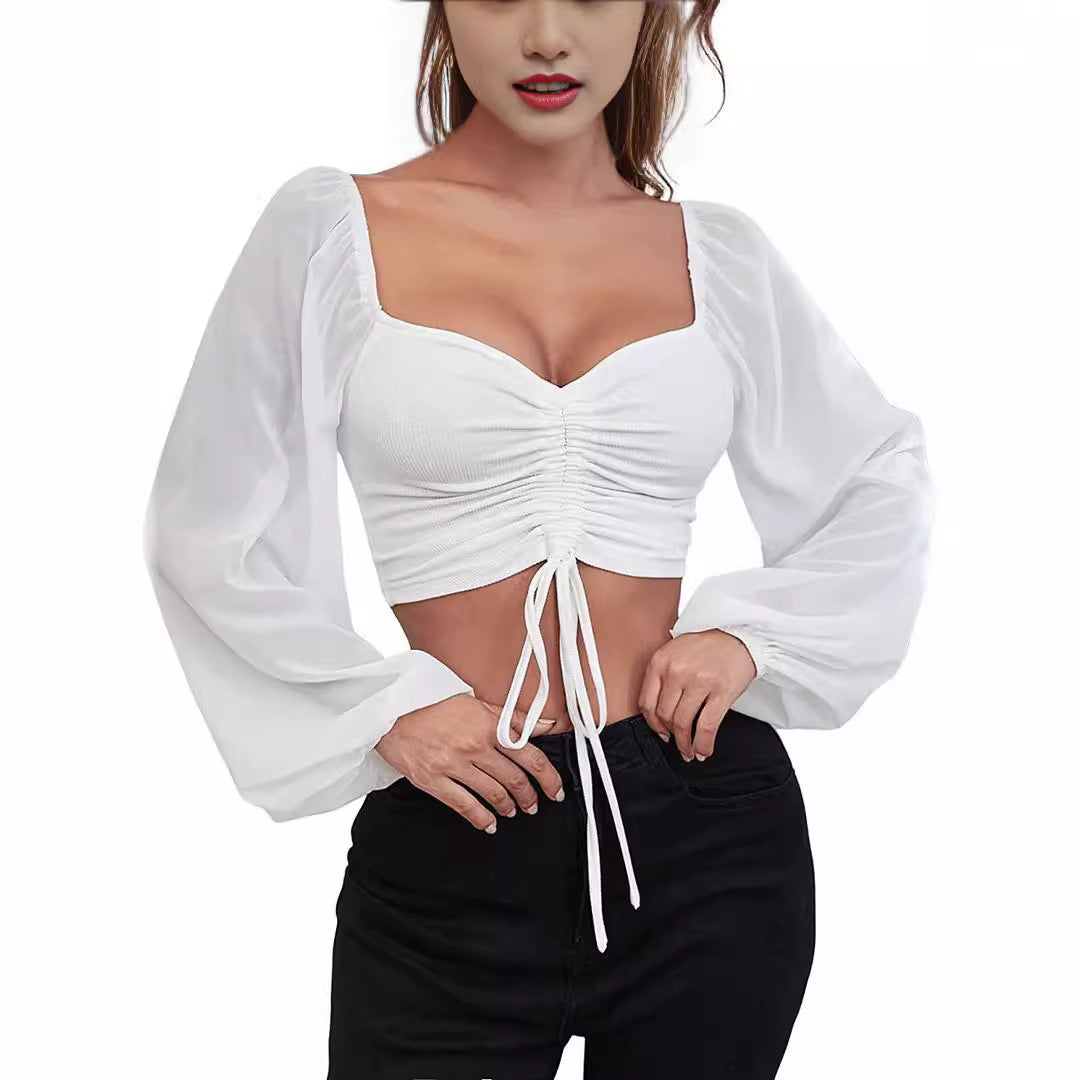 2024Amazon AliExpress Summer NewVCollar Chiffon Drawstring Lantern Sleeve Skinny Fashion Sexy Shirt Top