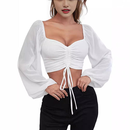 Summer NewVCollar Chiffon Drawstring Lantern Sleeve Skinny Fashion Sexy Shirt Top