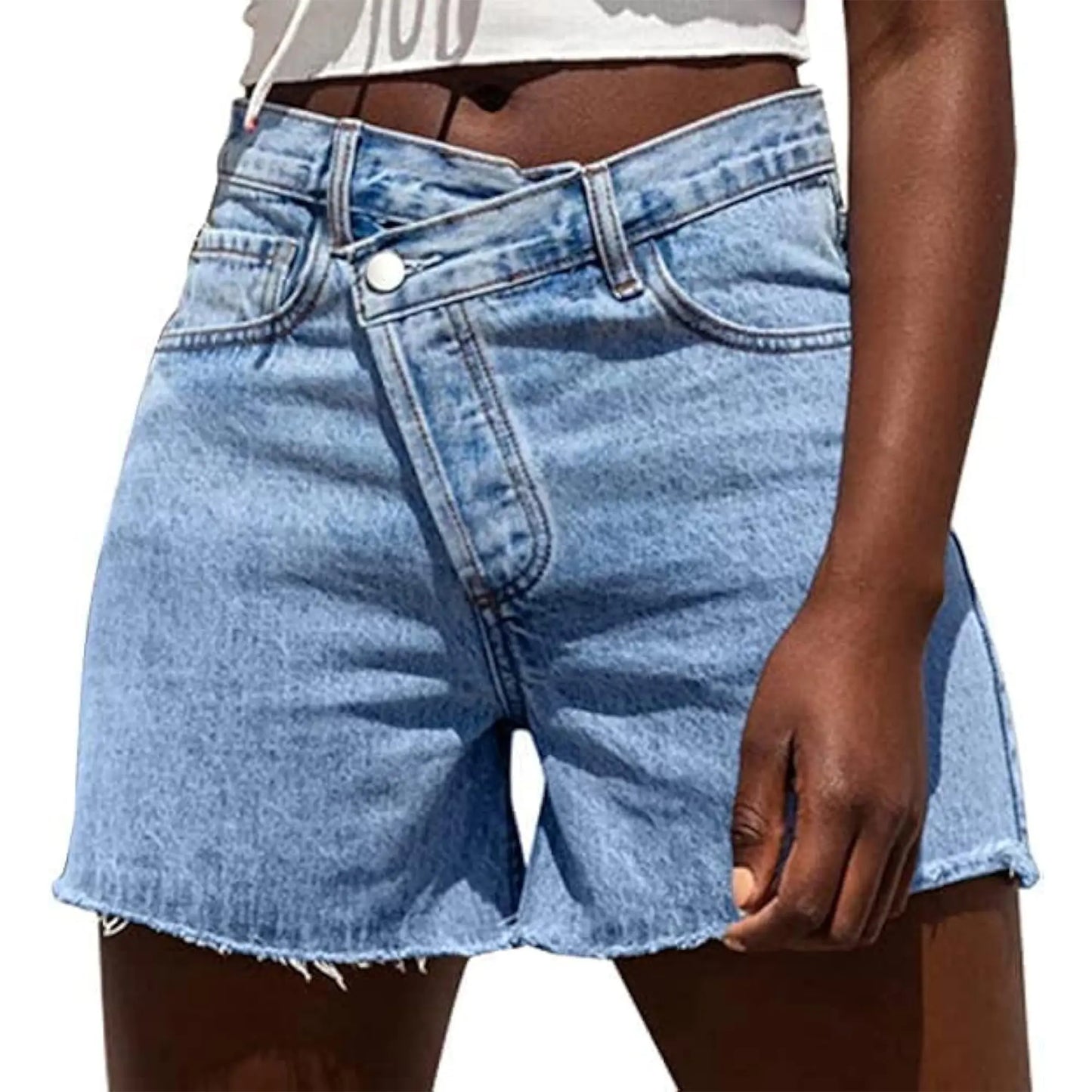 Genleck Women Crossover High Waisted Jeans Shorts Stretchy Casual Denim Shorts Boyfriend Summer Womenswear Streetwear Bottom Fit Ripped Style Chic - Seldom Seen Styles