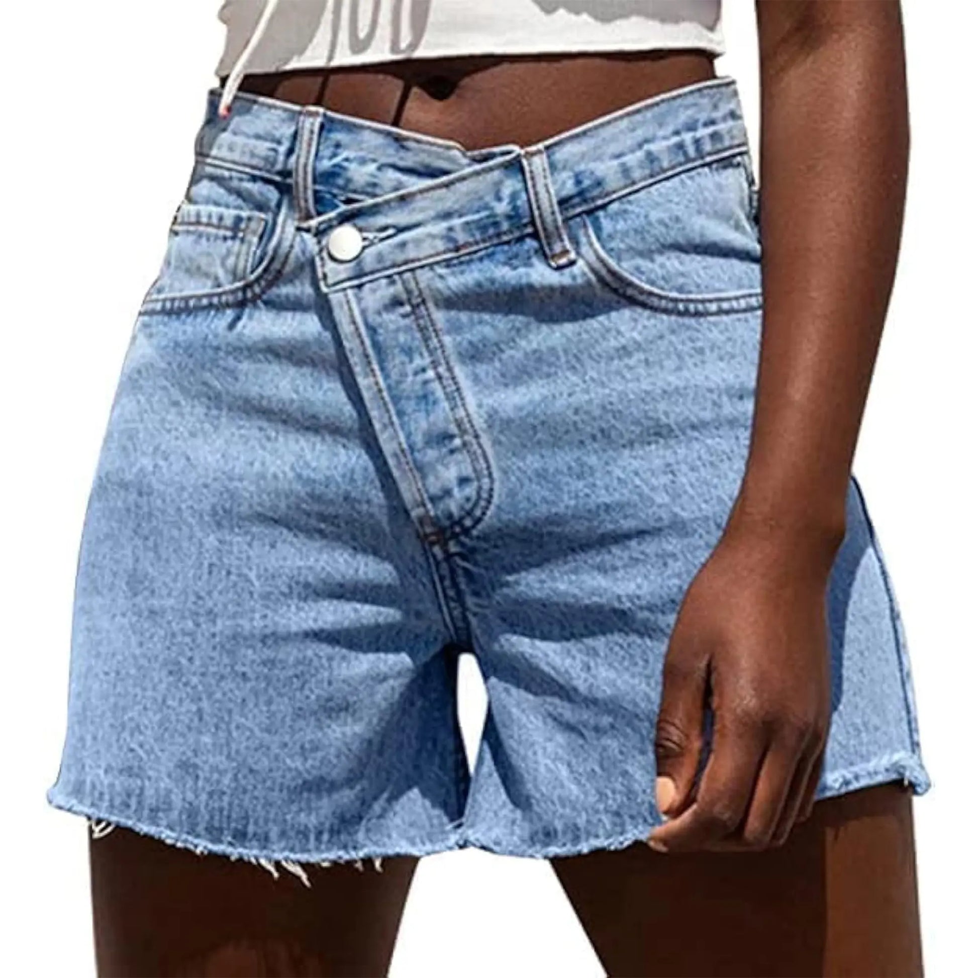 Genleck Women Crossover High Waisted Jeans Shorts Stretchy Casual Denim Shorts Boyfriend Summer Womenswear Streetwear Bottom Fit Ripped Style Chic - Seldom Seen Styles