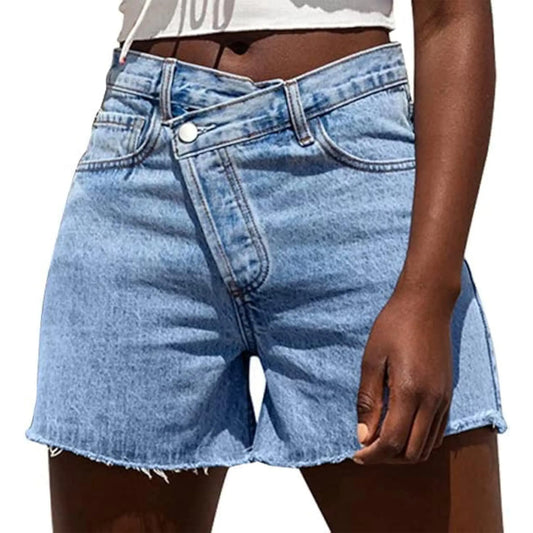 Genleck Women Crossover High Waisted Jeans Shorts Stretchy Casual Denim Shorts Boyfriend Summer Womenswear Streetwear Bottom Fit Ripped Style Chic - Seldom Seen Styles