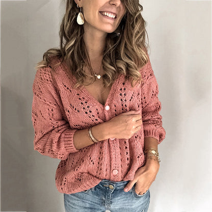 2024Cross-Border European and American Sweater Cardigan Women's Solid Color Hollow out V Collar Sweater ebay Amazon wish Cross-Border