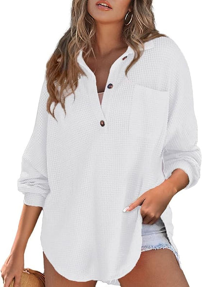 Women Waffle Knit Tops Henley Shirts Long Sleeve V Neck Solid Color Casual Tunic