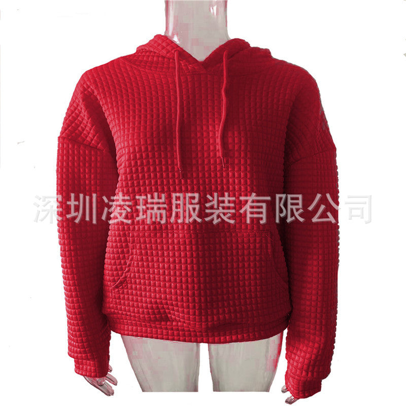 Womens Hoodies Casual Long Sleeve Drawstring Waffle Pullover Tops Loose Hooded Sweatshirt with Pocket - Seldom Seen Styles