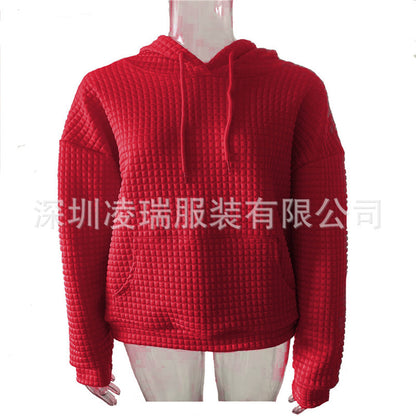 Womens Hoodies Casual Long Sleeve Drawstring Waffle Pullover Tops Loose Hooded Sweatshirt with Pocket