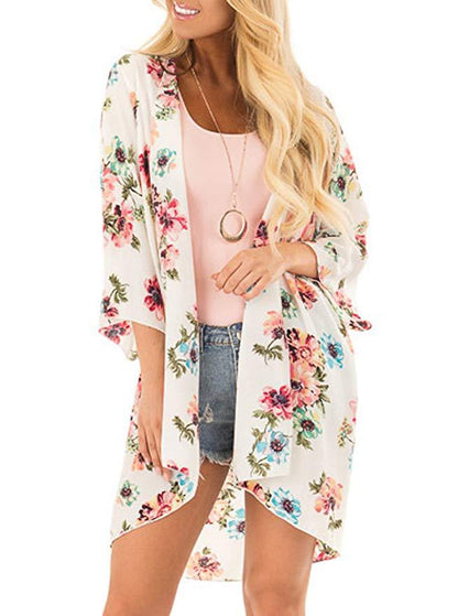 Women's Beach Cover up Swimsuit Kimono with Bohemian Floral Print, Loose Casual Resort Wear