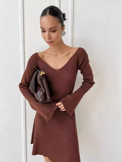 off-Shoulder Dress Woolen Skirt Sexy Knitted Dress Long Sleeve Short Dress Thickened A- line Europe and America Cross Border Autumn and Winter Skirt