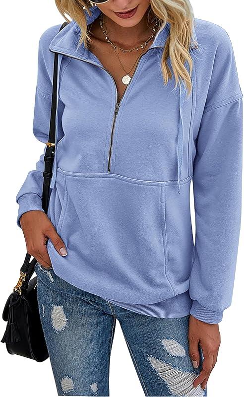 PRETTYGARDEN Women Casual Long Sleeve Lapel Zipper Sweatshirt Drawstring Loose Pullover Tops