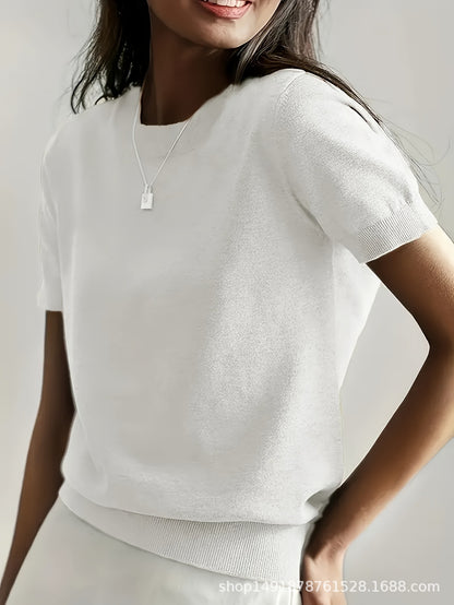 Women's Solid Color Crew Neck Short Sleeve Sweater, Chic Casual Basic Knit Pullover for Spring & Fall, Fashion Women's Knitwear for Daily Wear, Womenswear