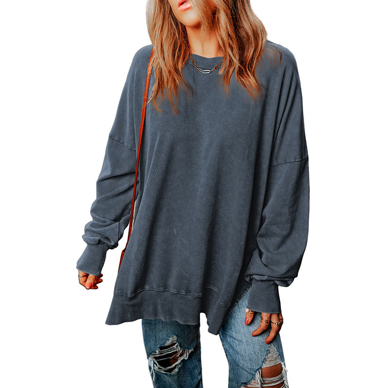 Autumn New Pure Color round-Neck Pullover Women's European and American Leisure Style All-Match Super Long Flab Hiding Long-Sleeved Top for Women