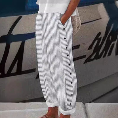 Leinenhose für Damen, lässig, gerades Bein, elastische Taille, Streifenmuster, Strand-/Sommerhose mit Taschen 
