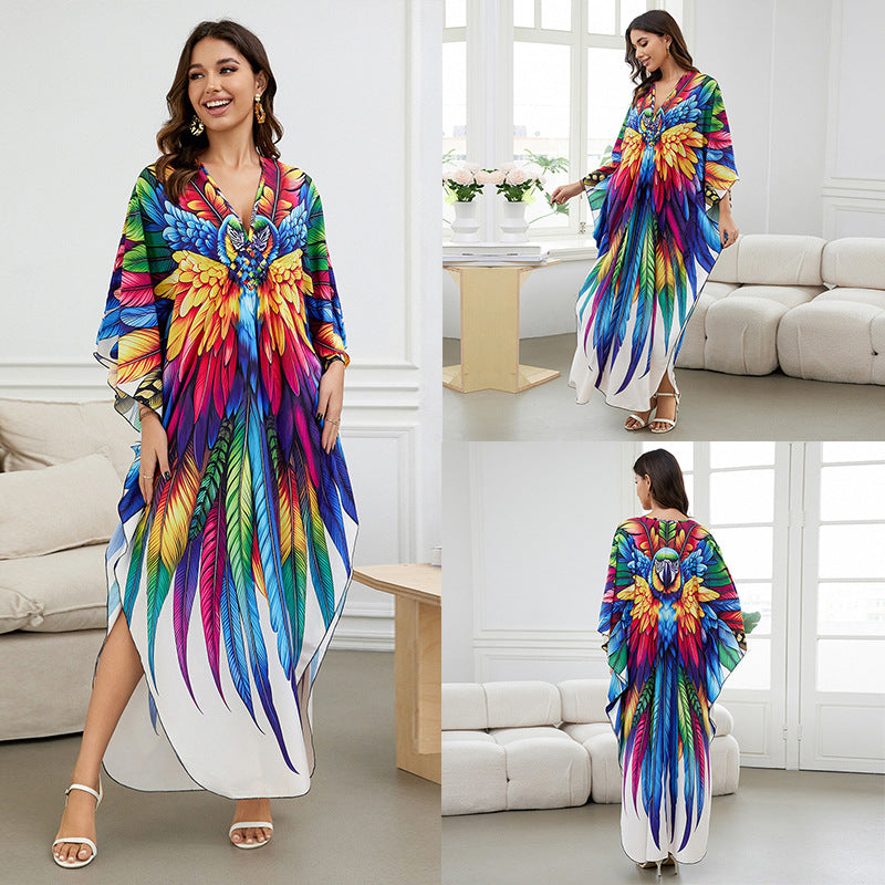 [Plus Size] Butterfly/feather Print Ruched Split Hem Tunic Dress, Valentine's Day Elegant Batwing Sleeve V Neck Long Dress for Summer, Casual Womenswear, Gift, Homecoming Dresses, Women's Clothes for Beach Holiday Vacation, Moo Moo Dresses