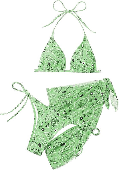 Bikini Sets for Women Paisley Print Halter Triangle Bathing Suit 3 Piece Swimsuit with Sarong Cover Up - Seldom Seen Styles