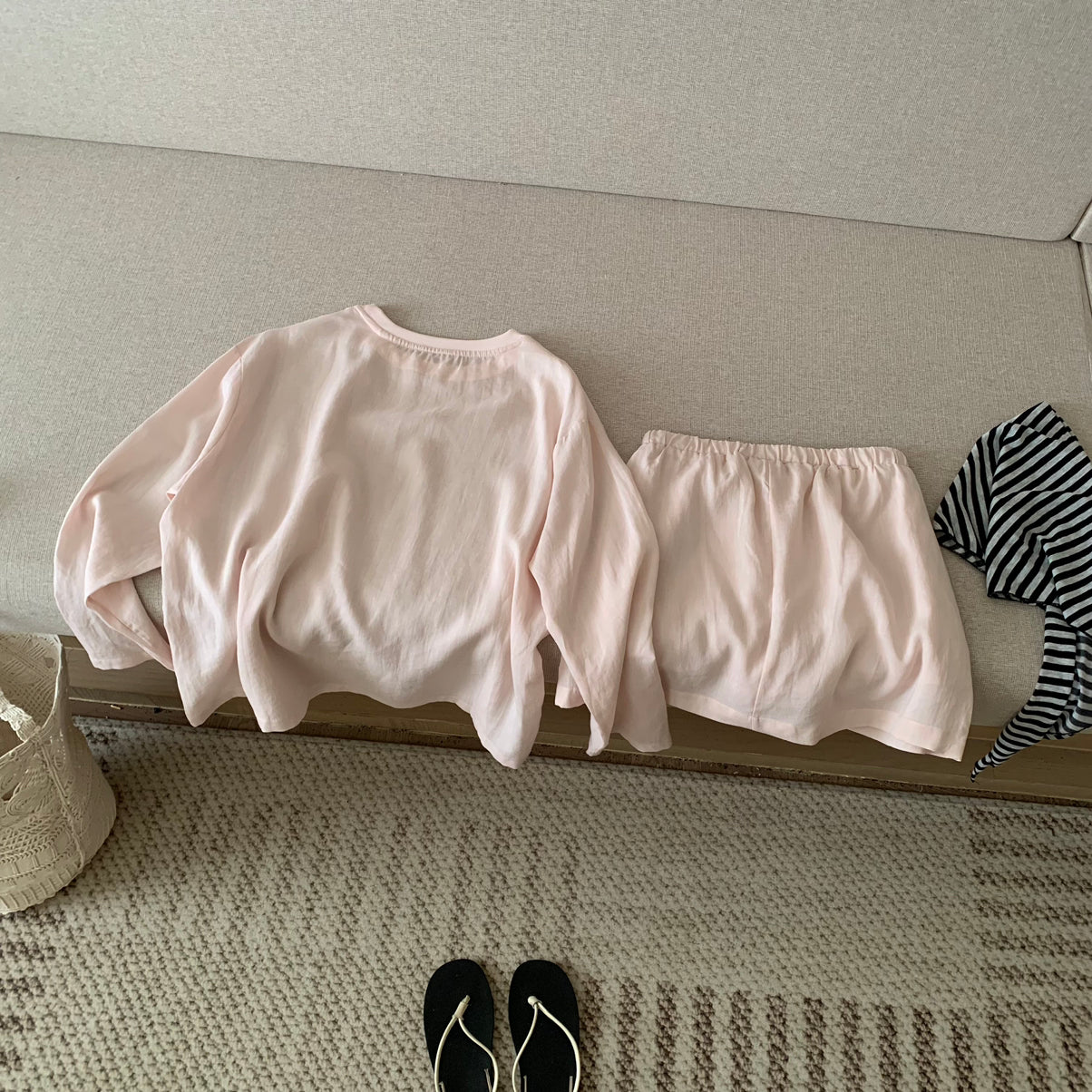 Women's Linen Blend Round Neck Long Sleeve Top Mini Skirt Set Boho Beach Vacation Summer Outfit