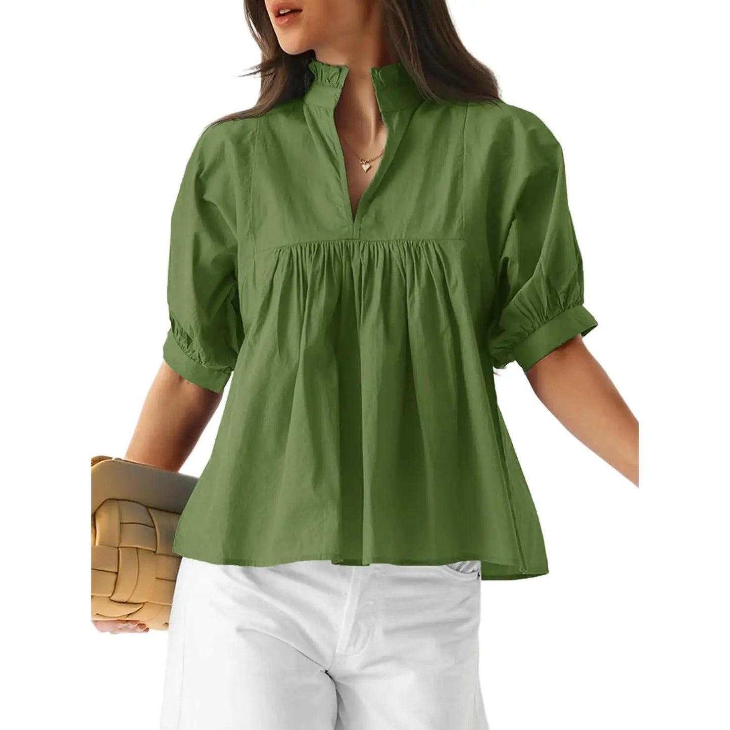 Cicy Bell Womens V Neck Puff Sleeve Blouse Babydoll Peplum Tops Dressy Casual Pleated Loose Fit Shirts - Seldom Seen Styles