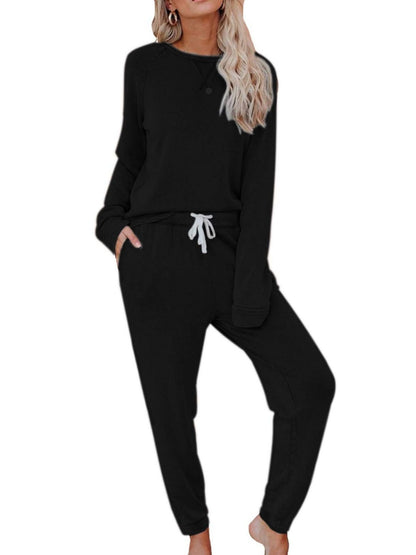 Damen Solides Trainingsanzug-Set, 2-teilig, Langarmpullover und Jogginghose mit Kordelzug, Sport-Outfit-Sets