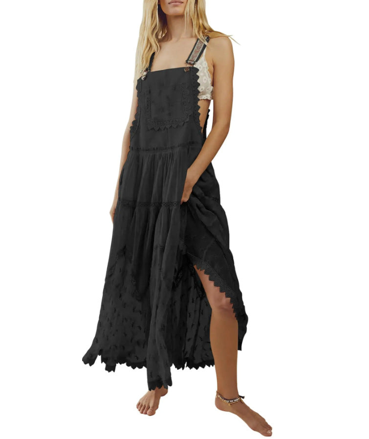 Women's Summer Laced Embroidered Tulle Bib Beachwear Dress Casual Comfortable Loose Adjustable Straps Maxi Dress Fabric Womenswear - Seldom Seen Styles