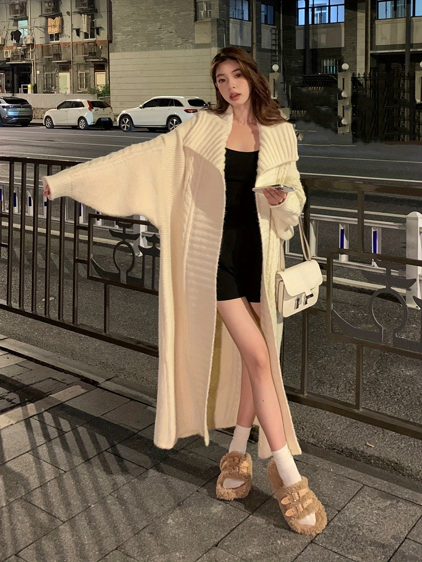 Solid Color Open Front Cardigan, Elegant Long Batwing Sleeve Loose Lapel Cardigan For Fall & Winter, Women's Clothing