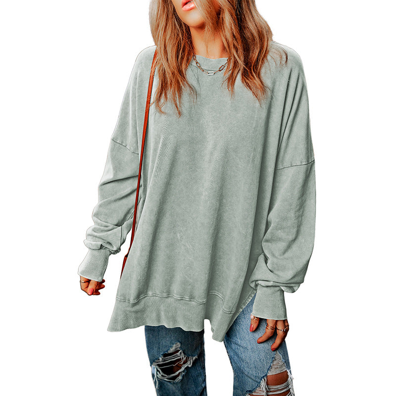 Autumn New Pure Color round-Neck Pullover Women's European and American Leisure Style All-Match Super Long Flab Hiding Long-Sleeved Top for Women