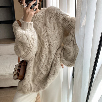 Autumn Winter New Thick Thread Sweater Women's Loose and  round Neck Thickened  Pullover Sweater