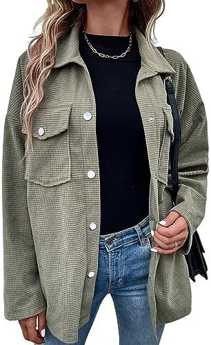 Astylish Damen Shacket-Jacke mit Waffelstrick, lang, übergroß, lässige Blusen, Button-Down-Kragen, elegante Hemden 