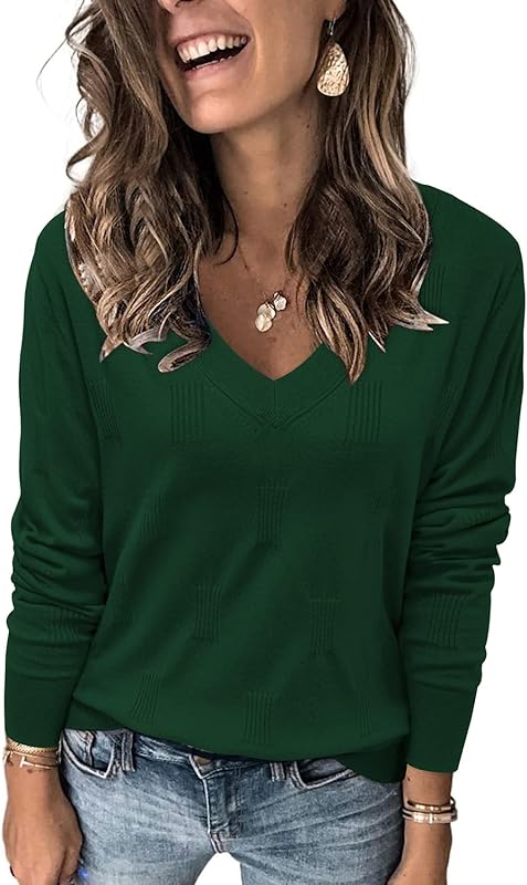 Womens Fall Tops 2024 Fashion V Neck Long Sleeve Shirts Blouse Knit Casual Pullover Sweater Cozy Clouds XS-3XL