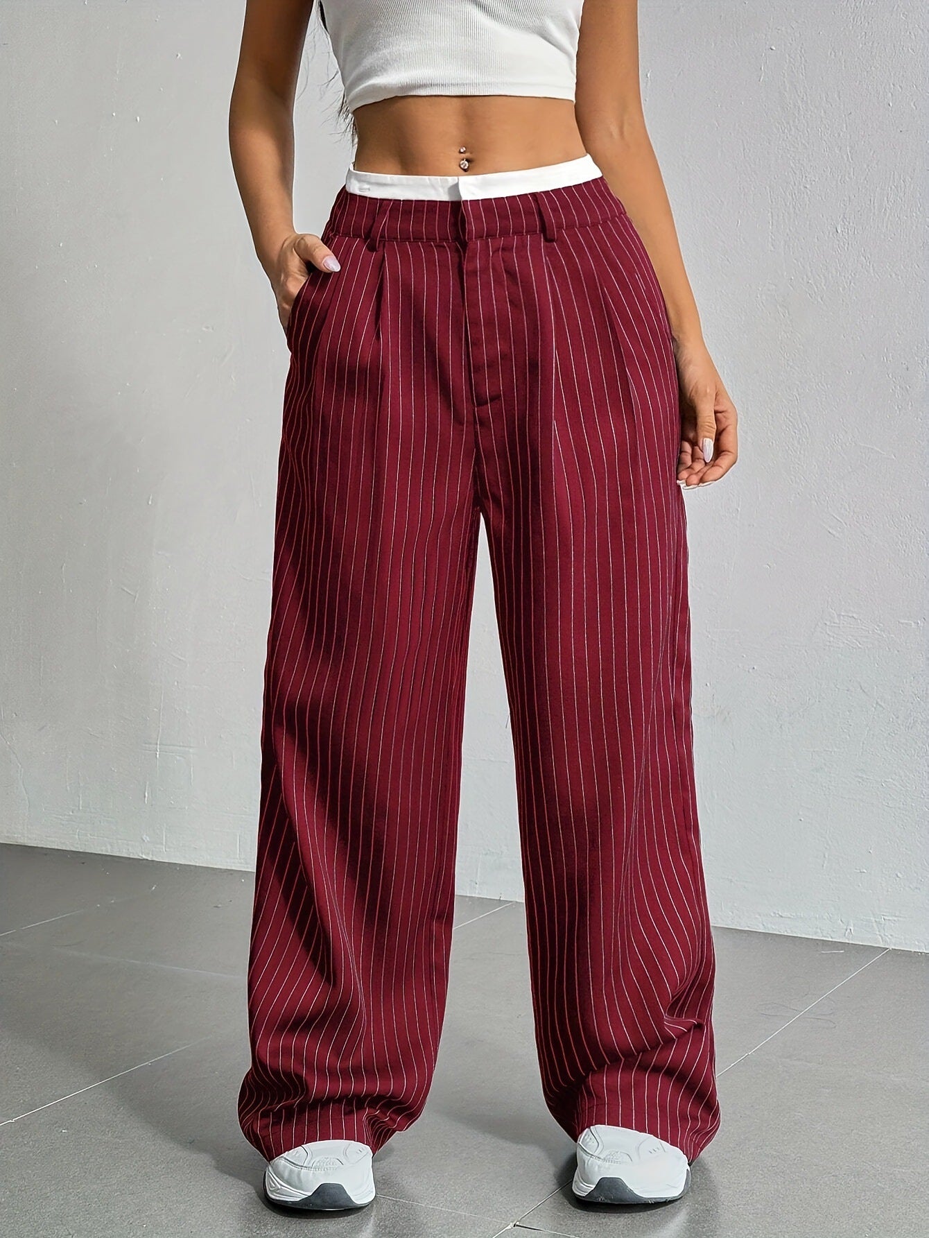 Women's Striped Pants Color Block High Waisted Wide Leg Casual Work Office Long Trousers - Seldom Seen Styles