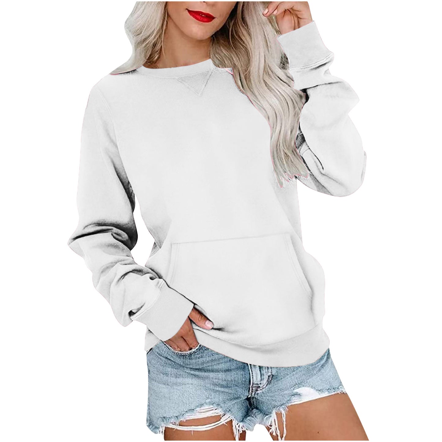 Women's Crewneck Hoodless Sweatshirt With Kangaroo Pocket Fleece Longsleeve Oversized Casual Style Shirt Lightweight Pullover - Seldom Seen Styles