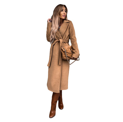 Long-Sleeved Woolen Coat Simple Lace up Trench Coat Autumn Winter Women's Clothing Solid Color Polo Collar