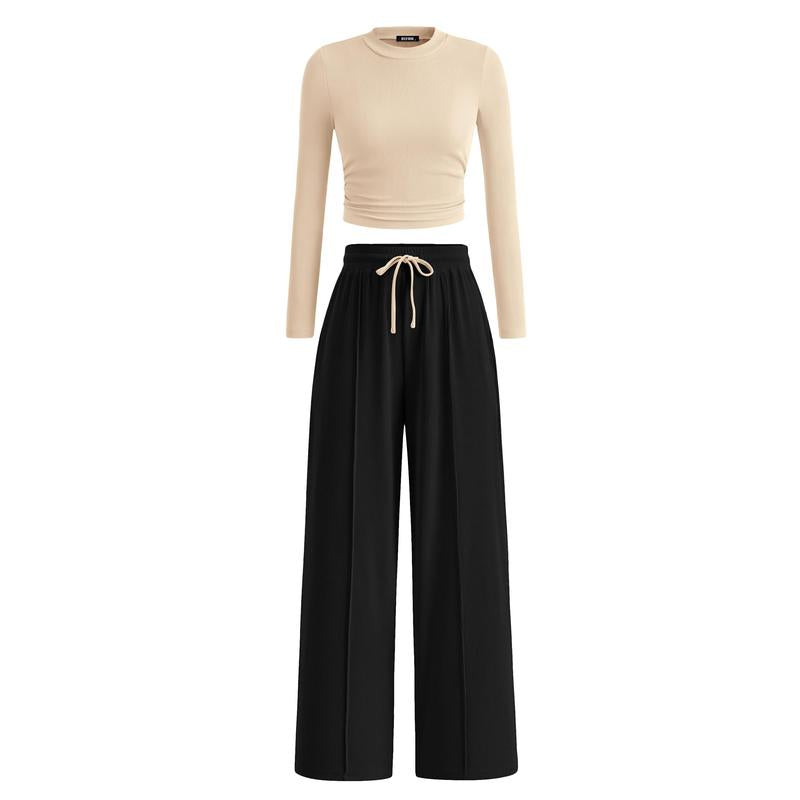 BTFBM 2-Piece Ribbed Knit Long Sleeve Crop Top Wide Leg Pants Matching Lounge Set Loungewear