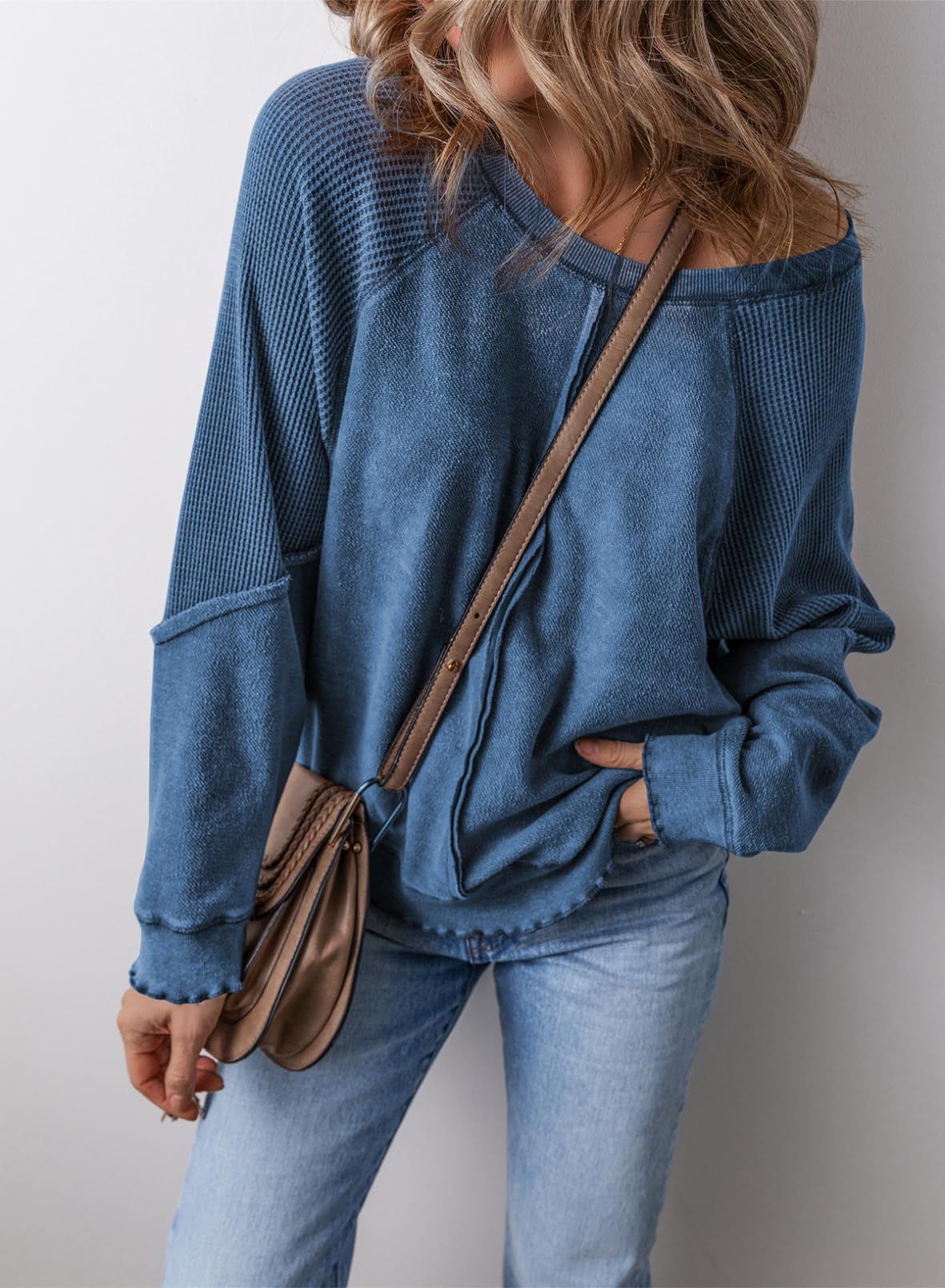 Women's Cotton Waffle Knit Casual Crew Neck Long Sleeve Back Seam Pullover Sweatshirt - Seldom Seen Styles